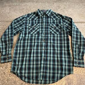 Pendleton Frontier Shirt Long Sleeve Snap Western Blue Green Plaid Mens Medium